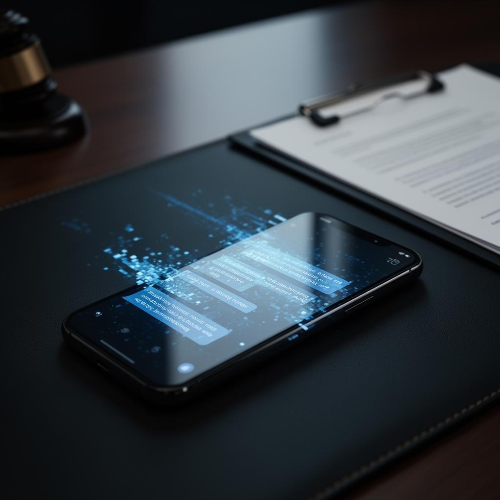 Smartfon z zakłóconym interfejsem czatu na biurku adwokata obok dokumentów sądowych