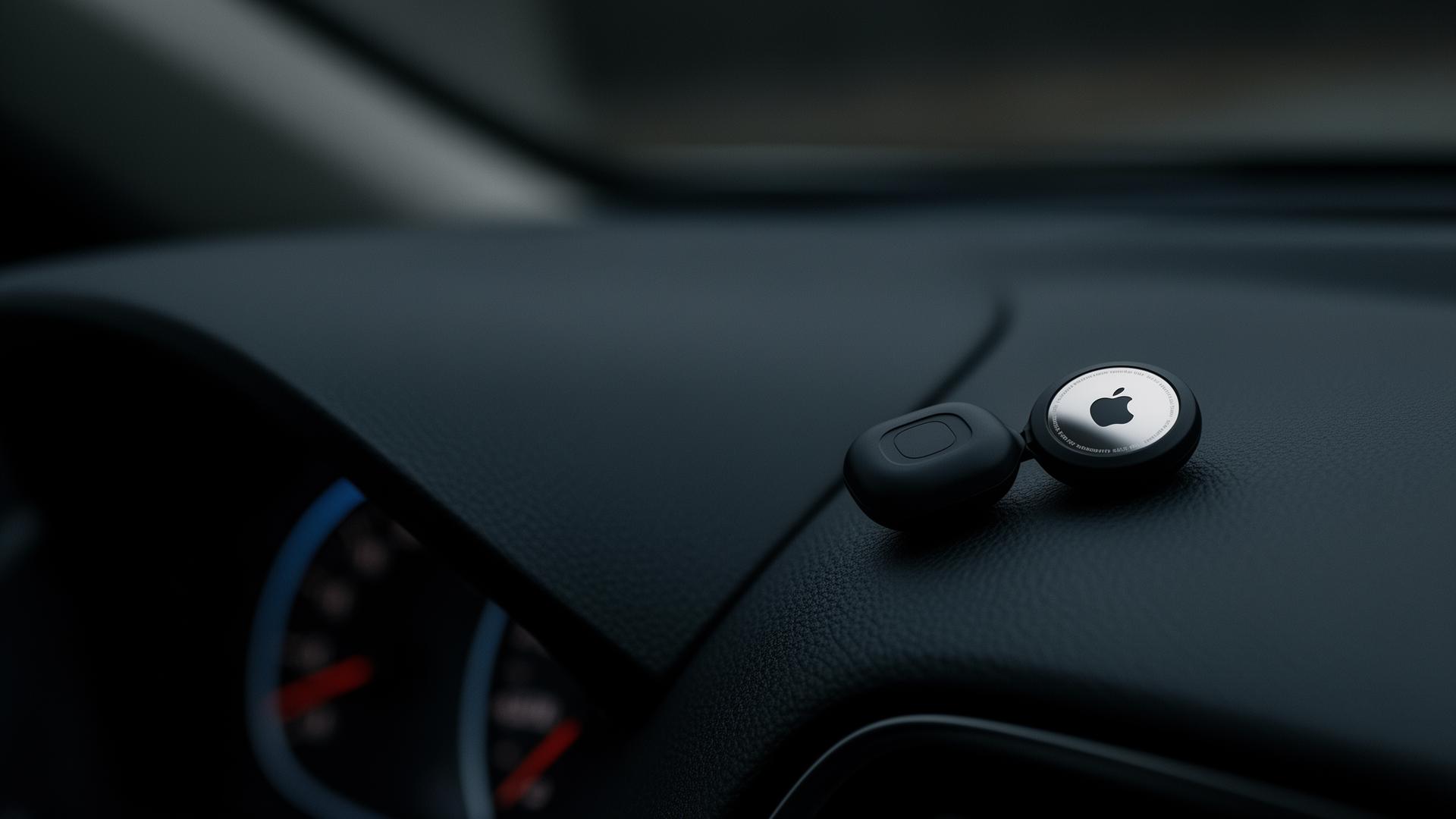Lokalizator GPS i AirTag Apple na desce rozdzielczej samochodu – symboliczne zdjęcie dotyczące śledzenia współmałżonka